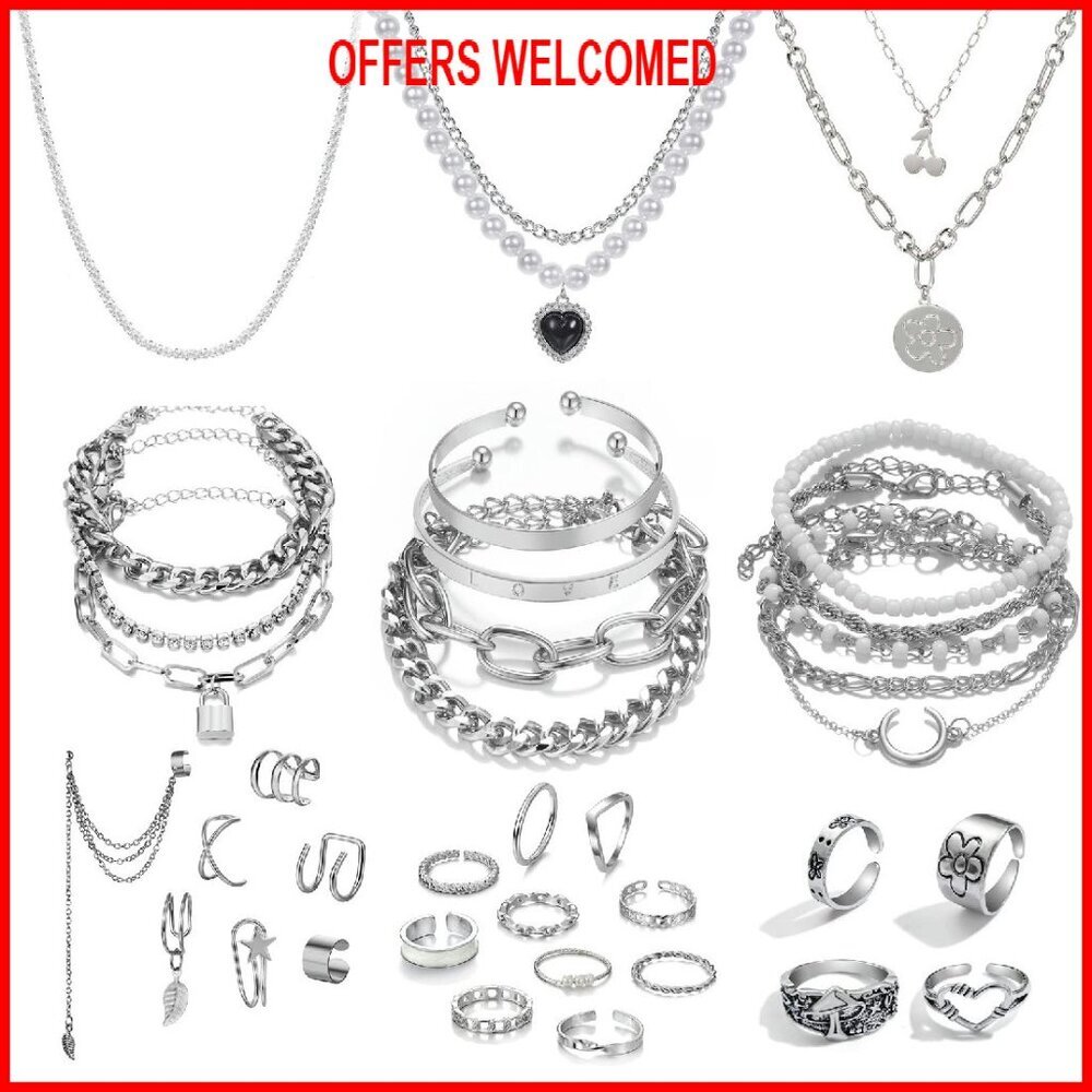 36Piece Silver Plated Jewelry Set With Necklaces Bracelets Rings Ear Cuffs